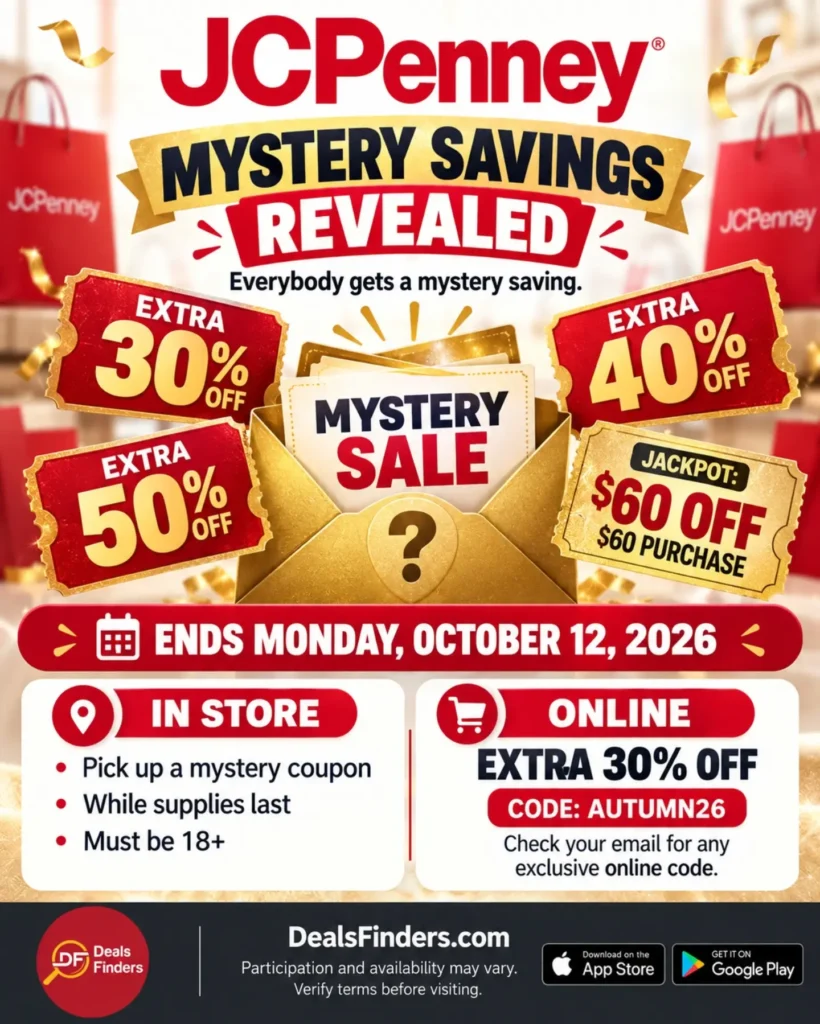 JCPenney Mystery Sale: Extra 30% Off with AUTUMN26 Through October 12