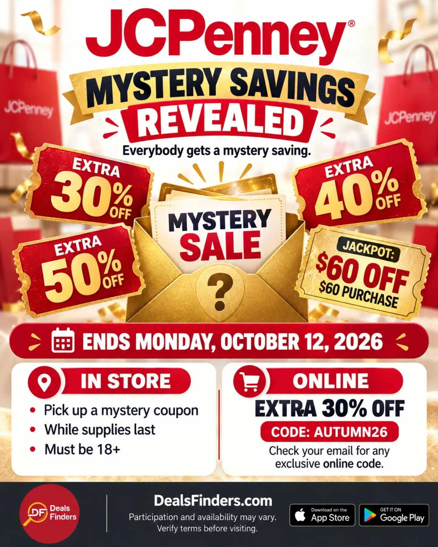 JCPenney Mystery Sale: Extra 30% Off with AUTUMN26 Through October 12
