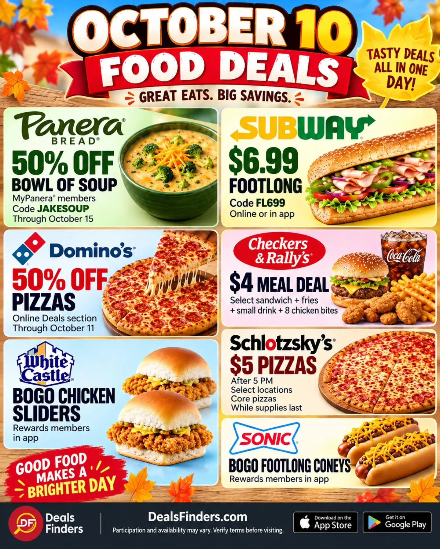 October 10 Food Deals: Panera, Subway, Pizza Discounts and More