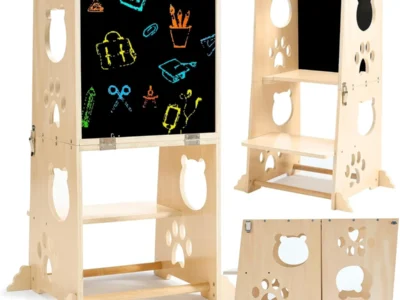 $39.xx Reg $49 Collapsible Toddler Kitchen Step Stool with Chalkboard, Safety Rail, and Standing Tower for Kids 1-3 at Amazon