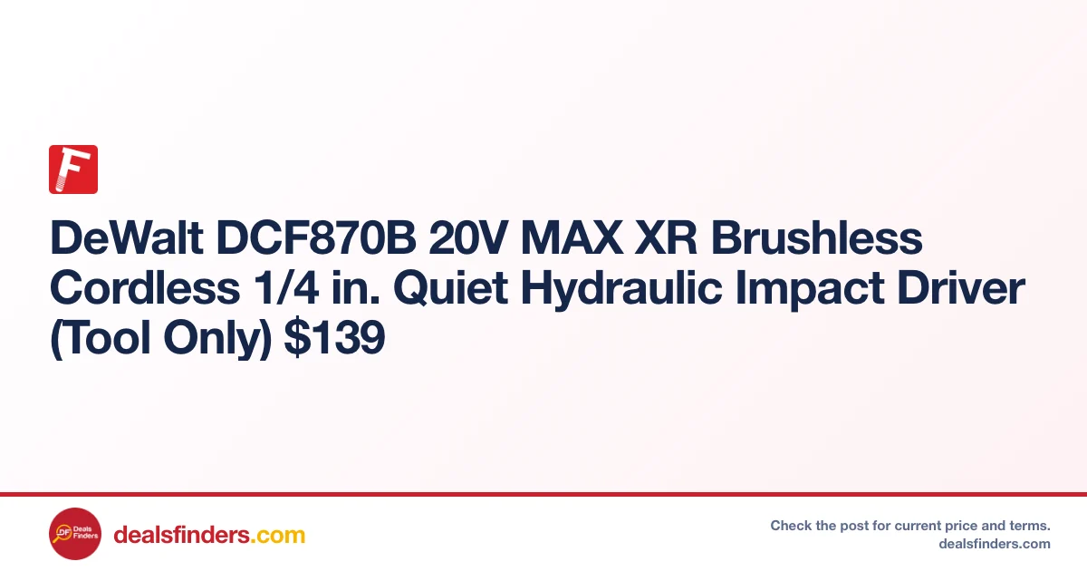 DeWalt DCF870B 20V MAX XR Brushless Impact Driver $139 at Fastenersinc