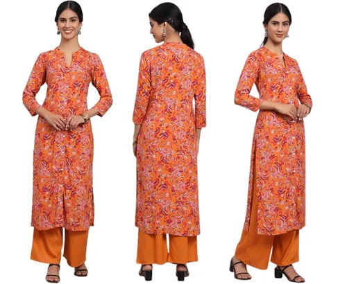 Women’s Rayon Orange Floral Printed Kurta with Palazzo for $17.xx