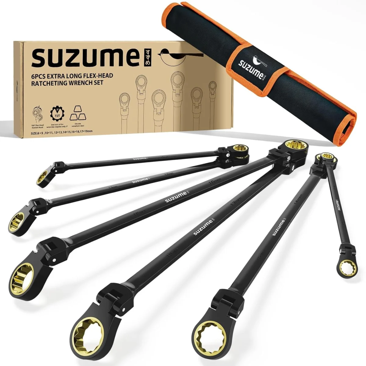 SUZUME 6-Pc Extra Long Metric Flex Head Ratcheting Wrench Set