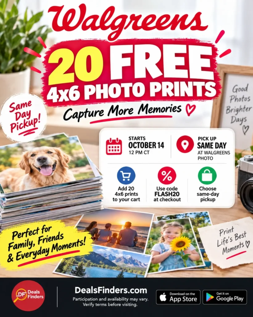 Walgreens: 20 Free 4x6 Prints with FLASH20, October 14 Noon–2 PM CT