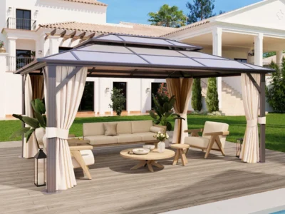 Walmart Daily Pick: JolyDale 12′ x 10′ Aluminum Double Roof Hardtop Gazebo w/ Side Curtains and Screens (Brown Top)