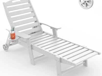 SUUNYN Oversized HDPE Outdoor Lounge Chair, Patio Chaise Lounge, White | All-Weather HDPE lounge chair, 5-level adjustable backrest, wheels and cup holder, ideal for patio, pool, deck and backyard