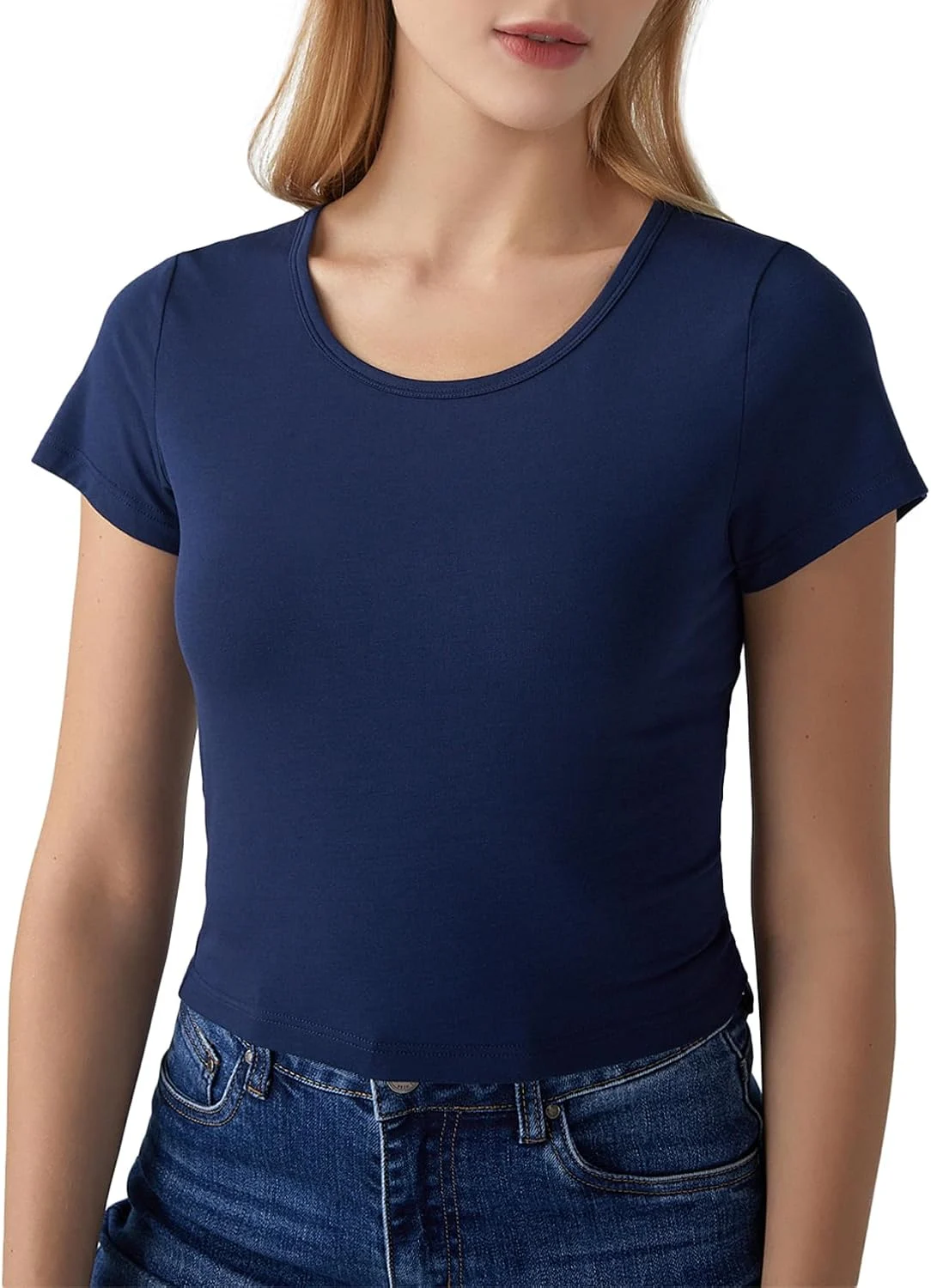 Liang Rou Women’s Stretchy Slim Fit Crew Neck Crop Top Only $9.xx