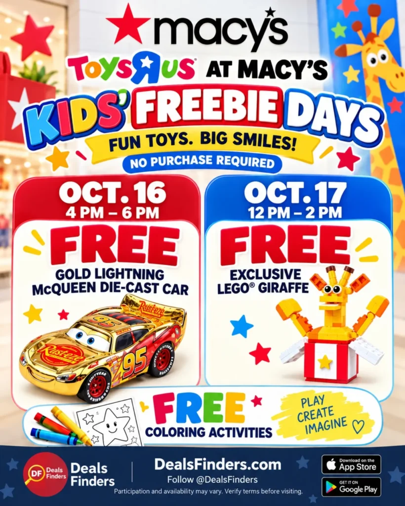 Macy’s Free Kids’ Events: Lightning McQueen October 16 and LEGO Giraffe October 17