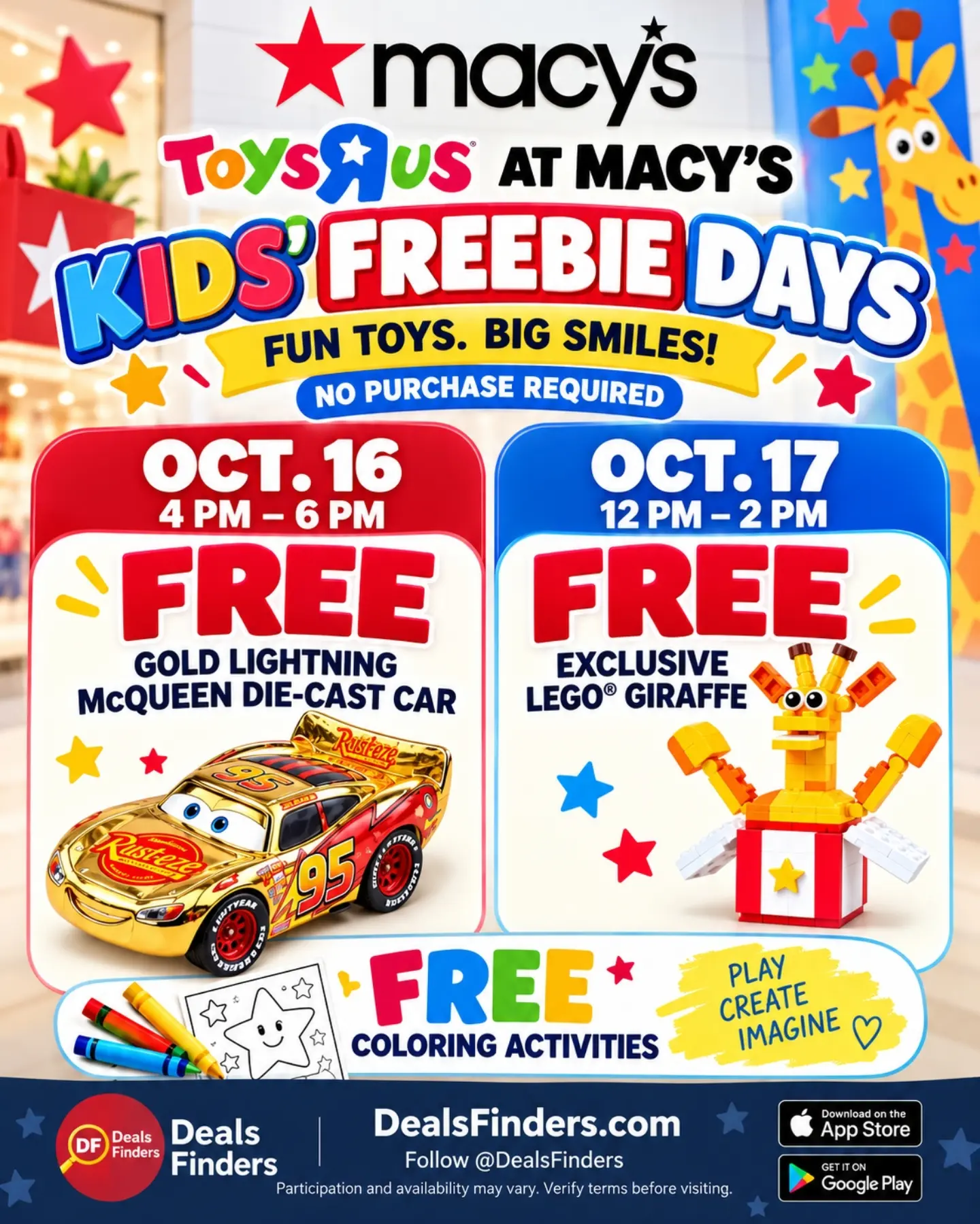 Macy’s Free Kids’ Events: Lightning McQueen October 16 and LEGO Giraffe October 17