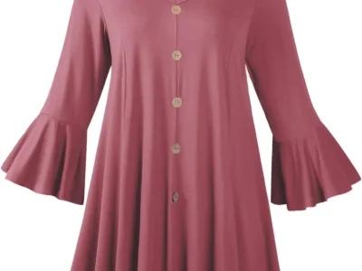 LARACE Womens 3/4 Flare Sleeve Plus Size Tunic Fall Shirt(GreyPink, 1X) | Bell Sleeves, Ruffle Sleeves Tops, V-Neck Button Decor, Comfy 95% Rayon, Flowy Hem Covers Belly, 1X-5X, Pairs with Leggings