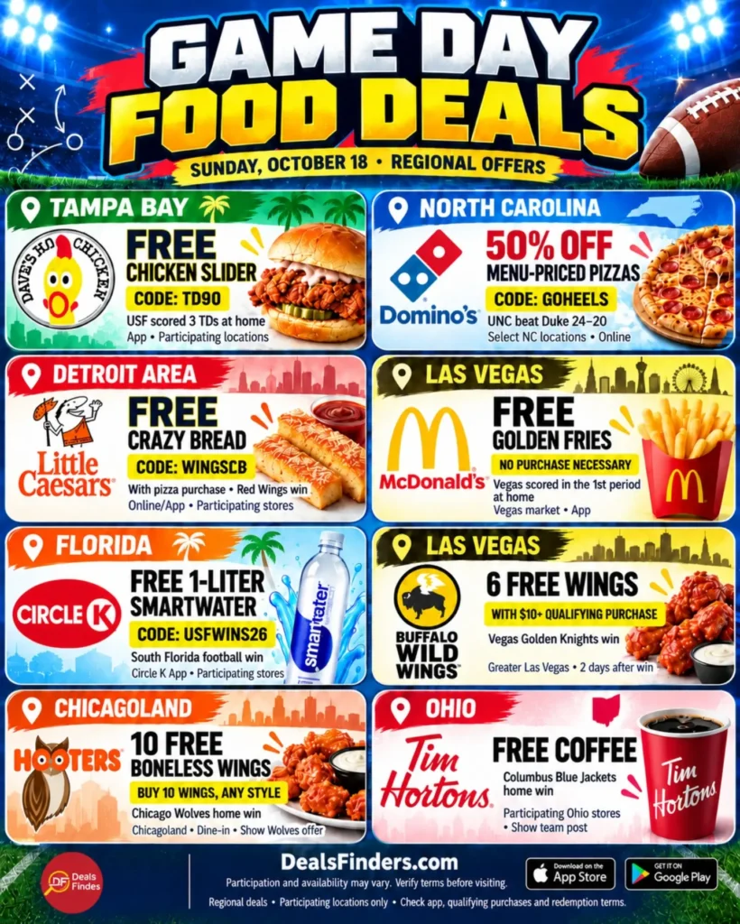 8 Regional Game-Day Food Deals for Sunday, October 18, 2026