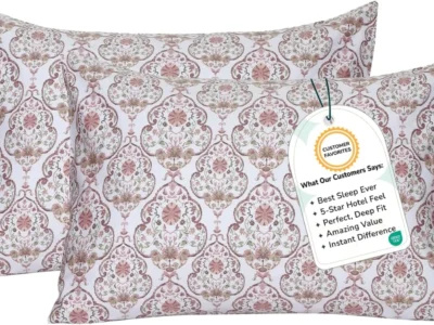 Feather & Stitch 100% Cotton Printed Standard Pillow Covers Set of 2, 500TC Envelope Closure Pillowcases, Soft Luxury Damask Sateen Weave Pillow Case for Sleeping, 20×30 Inches – Floral Bloom