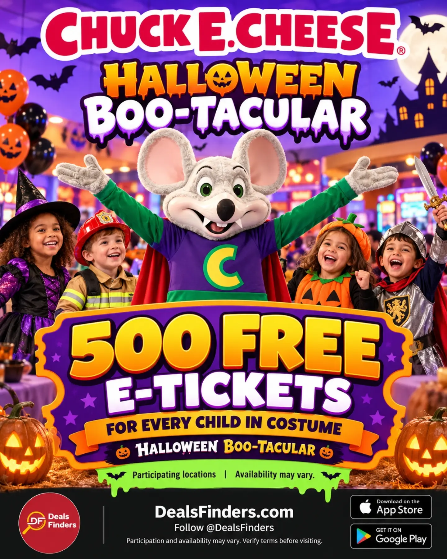 Chuck E. Cheese: 500 Free Tickets for Kids in Costume This October