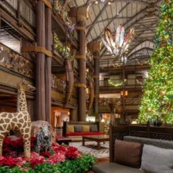 Holiday decorations in the lobby of Disney Animal Kingdom Lodge at Walt Disney World