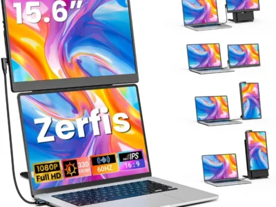 15.6″ Portable Monitor, 5-in-1 Modes & 360° Rotation Laptop Screen Extender | 1080P FHD Dual Monitor Extender Fit 13″-17″ Laptops, Detachable & Adjustable, Plug & Play Travel Monitor for Wins/Mac/Android