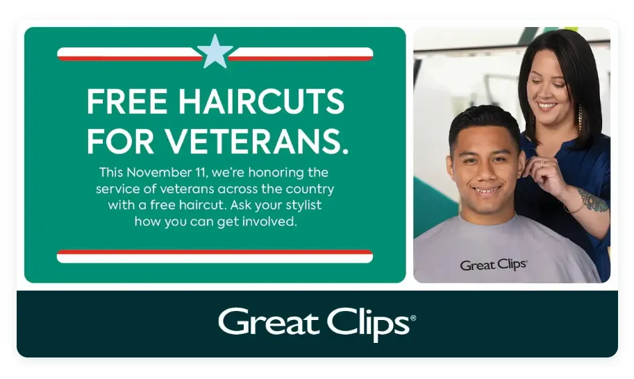 FREE Haircuts for Veterans on November 11 + Save .00 at Great Clips