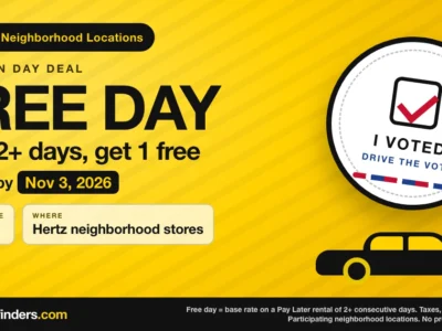 Hertz free rental day on Election Day: rent 2 or more days, get 1 free with PC code 211636, pick up by November 3, 2026