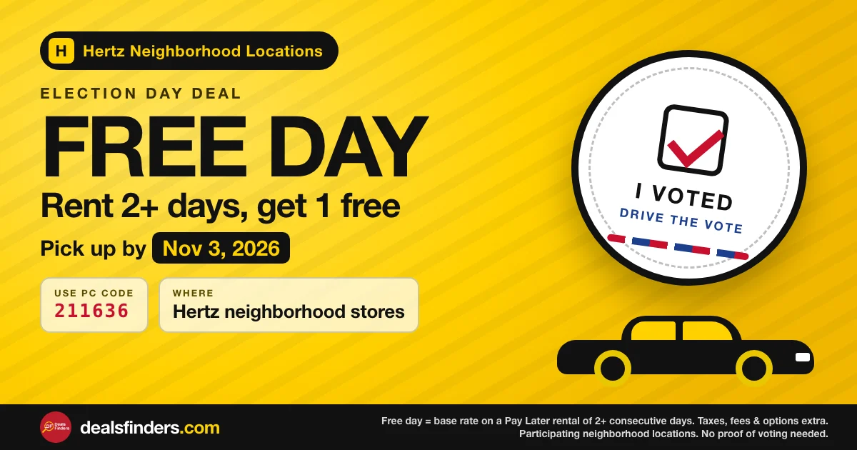 Hertz free rental day on Election Day: rent 2 or more days, get 1 free with PC code 211636, pick up by November 3, 2026