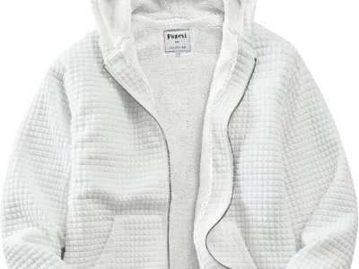 Fozexi Men’s Waffle Fleece Sherpa Lined Zipper Hoodie Jacket, White, XXL | Kanga Pockets, Warm, Full Zip, Thicken Jacket, Heavyweight, Sweatshirt, Coat, Daily Wear, Outdoor, Travel, Camp, Golf, Hiking