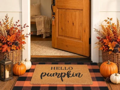 Fall Decor Door Mat Combo Set, 100% Coco Coir Welcome Mat + 28 x 43 Inches Orange and Black Plaid Rug- Fall Thanksgiving Front Porch Entryway Floor Doormat, Indoor Outdoor Autumn Mats Hello Pumpkin
