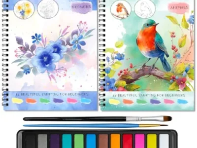 2-Pk Elfew Beginner Watercolor Workbooks w/ Paint Set & Brush, Animals & Flowers $8.xx