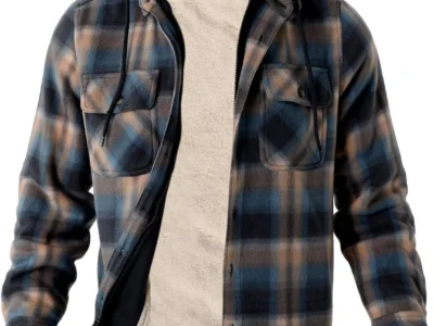 Facitisu Men Flannel Jackets with hood Heavyweight Plaid Jacket hoodie Zipper Warm Thick Winter Coat Blue Grey S