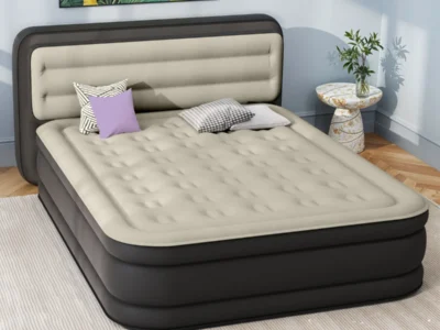 AlwynHome18QueenAirMattressWithLuxuryFlockedTopInflatableBedWithPumpHeadboardWithHorizontalStripes