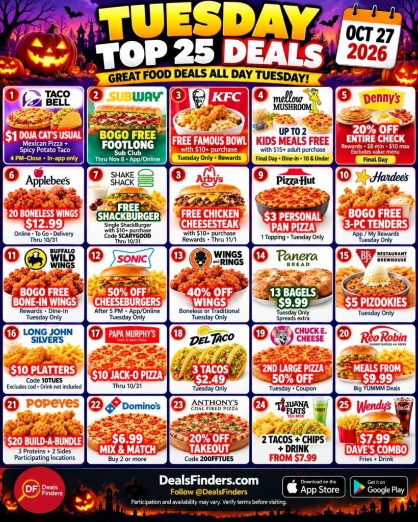 25 Tuesday Food Deals for October 27: Taco Bell, Subway, Shake Shack and More
