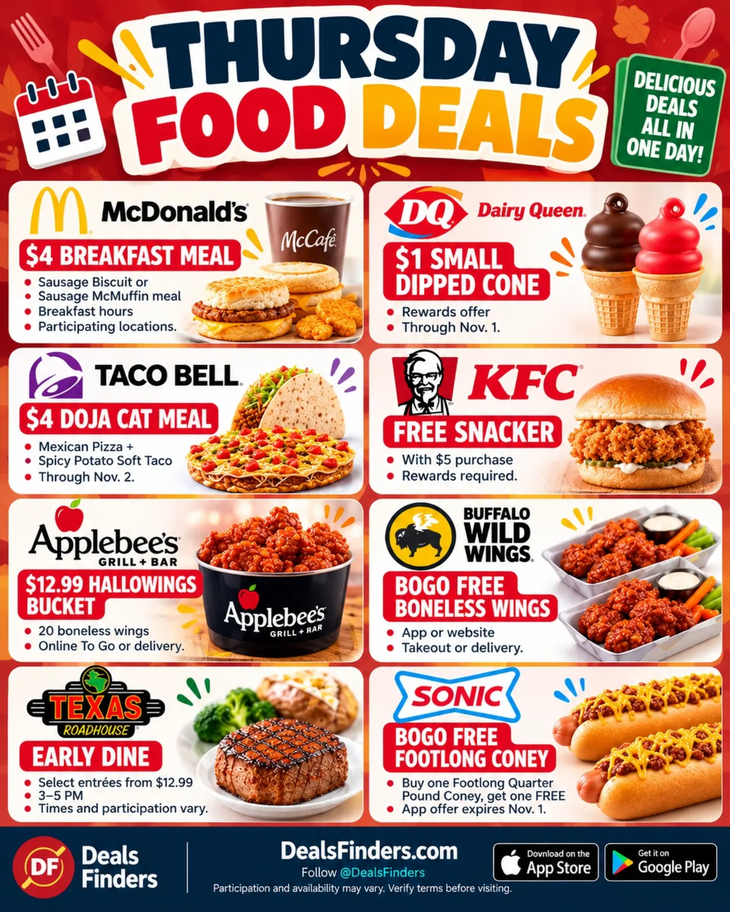 Thursday Food Deals for October 29: $4 Meals, Wing BOGO & Rewards Offers