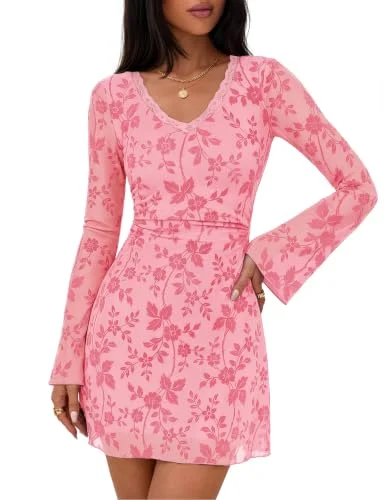 MEROKEETY Floral Mesh Long Sleeve Short Dress Only $14.xx (Reg. $39)