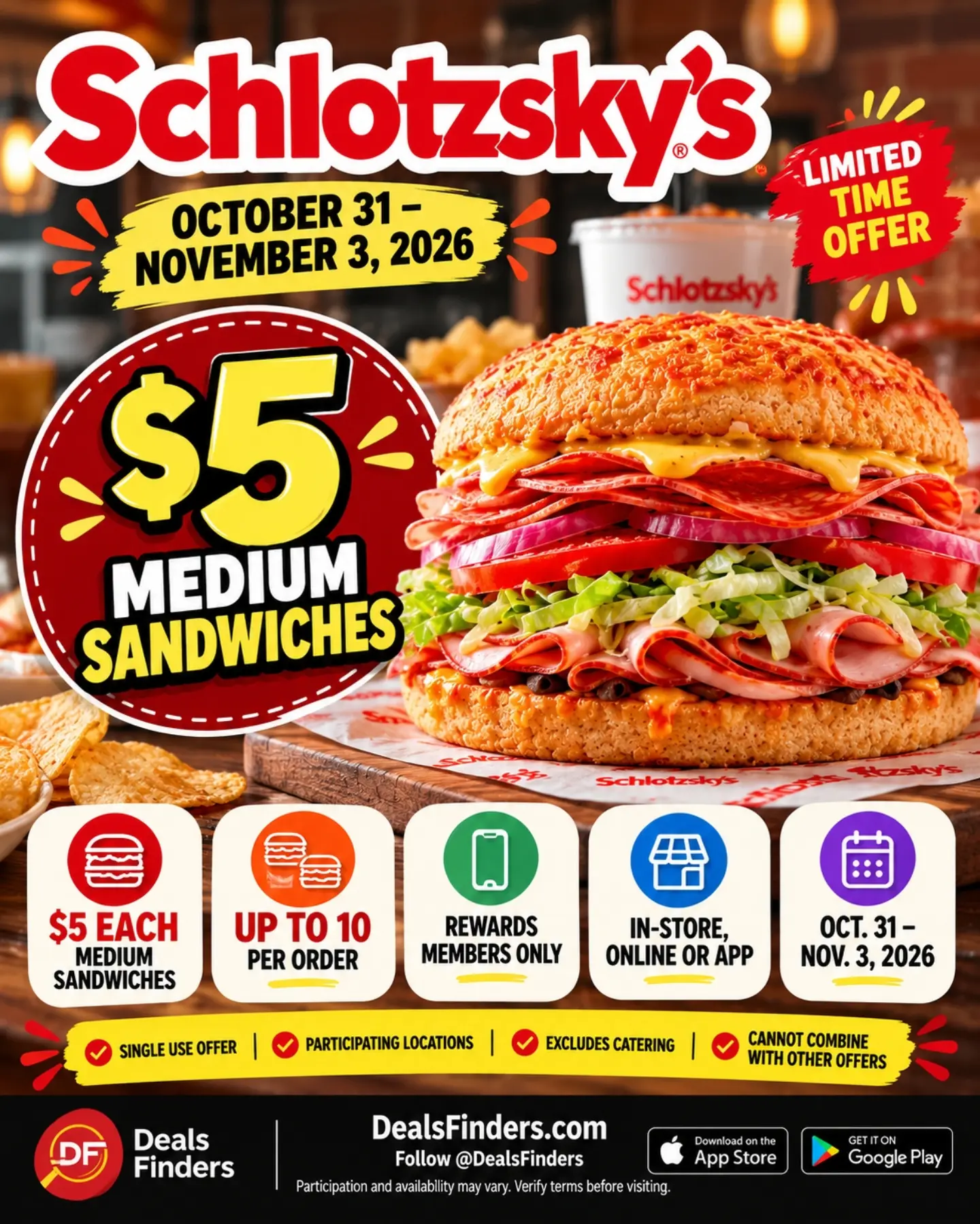 Schlotzsky’s $5 Medium Sandwiches: October 31–November 3, 2026